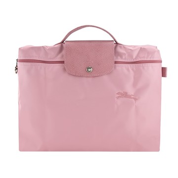 LONGCHAMP LE PLIAGE GREEN系列刺繡再生尼龍摺疊公事包(小/花瓣粉)