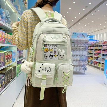 熱銷💯新款清新可愛初中雙肩包女大容量休閒小學生書包輕便收納校園背包學院風多口袋加厚護脊大學生後背包 畢旅背包 4GRN