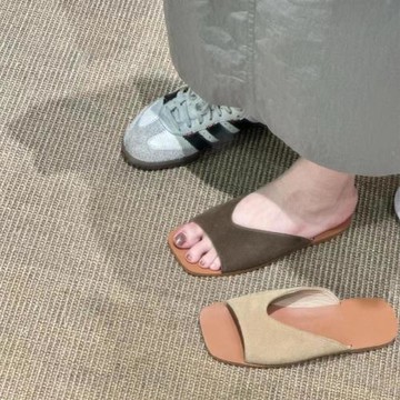 「羊皮版」夏季新款V口絨面平底一字拖女真皮韓版百搭涼拖鞋半拖