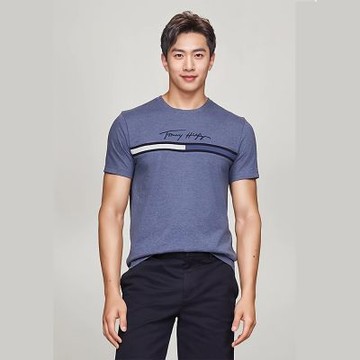 TOMMY 熱銷刺繡大Logo圖案短袖T恤-灰藍色