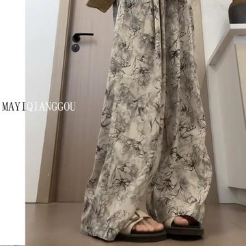 175高個子加長180闊腿褲女夏季薄款休閑冰絲垂感水墨畫印花拖地褲