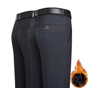 秋冬季新款中老年爸爸休閑褲加絨加厚西褲男士高腰寬松直筒長褲子