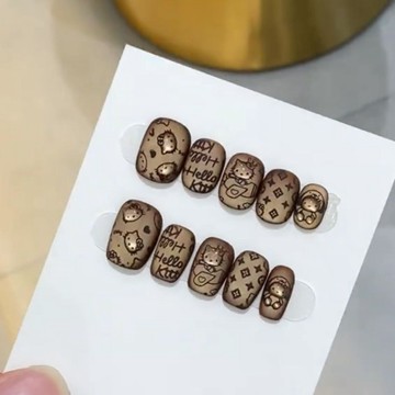秋冬新品 咖色老花穿戴可愛立體爆款手繪貓貓顯白手工短款美甲百搭