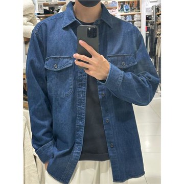 日系男裝女裝純秋季牛仔寬松工裝襯衣水洗產品襯衫外套 462371