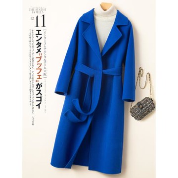 高端中長款系帶修身雙面羊絨大衣女羊毛呢子秋冬毛呢外套克萊因藍