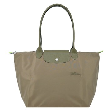 LONGCHAMP LE PLIAGE GREEN系列刺繡長把再生尼龍摺疊水餃包(大/朝鮮薊綠)