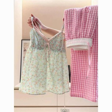 DUYI~夢詩 睡衣女小清新碎花吊帶上衣長褲可外穿家居服套裝