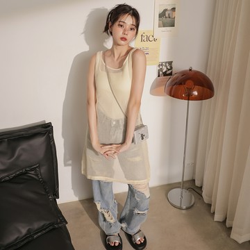 韓系個性網層長版背心-杏【KT23690】