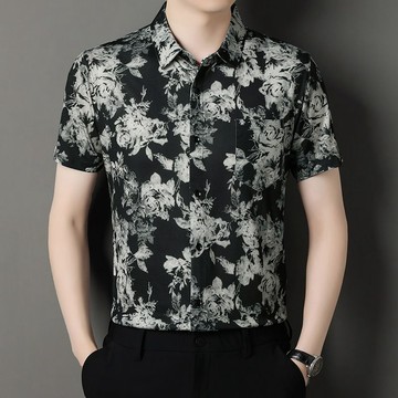 男装夏季新款男士短袖衬衫时尚玫瑰印花帅气潮流冰丝薄款衬衣男款