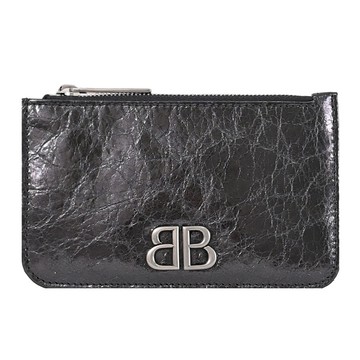 BALENCIAGA 巴黎世家 765465 BB LOGO亮面揉製羊皮零錢卡包.鐵灰