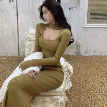 S-3XL韓版鏤空性感顯胸連身裙 春秋修身顯瘦包臀長袖洋裝中大尺碼-凱西娃娃