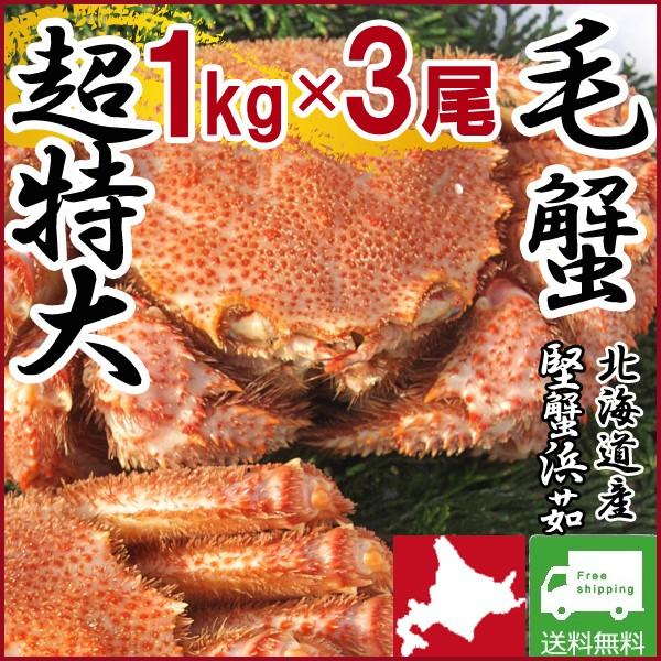 カニ 海鮮  (1kg×3尾 特大 ギフト 北海道産)カニ(毛がに　けがに　毛ガニ)鍋セット約3kg送料無料