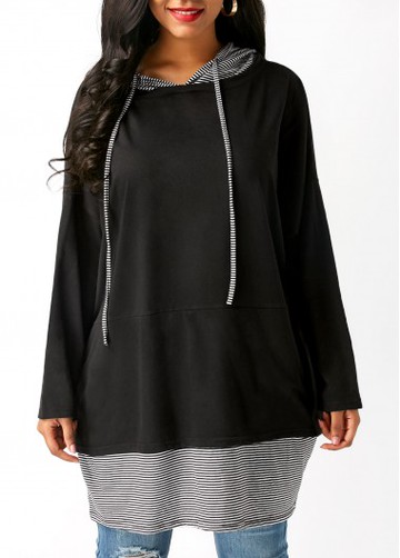 Striped Drawstring Long Sleeve Black Hoodie