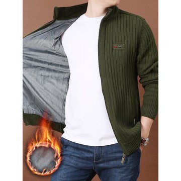 春秋季加絨加厚開衫立領毛衣男士大碼休閑針織衫水洗純棉線衫男潮