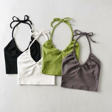 街拍美式小眾心機顯身材拼接吊帶辣妹風后系帶掛脖露背露腰背心