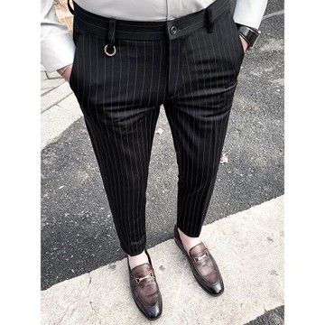 夏季條紋九分休閑褲男高端時尚修身小腳彈力小西褲發型師西裝褲子