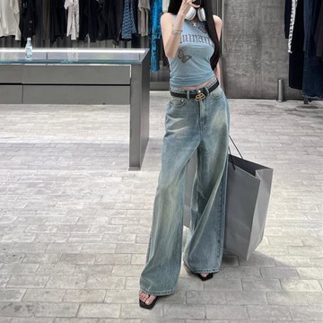 夏季新款休閑牛仔褲女層級漸變貓須工藝中低腰闊腿長褲