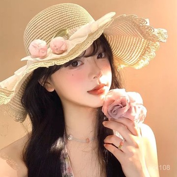 海邊度假🌟 沙灘法式帽子夏季新款帽簷海邊花朵太陽帽洋氣度假遮陽防曬草帽沙灘帽 防曬帽