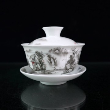 古玩收藏 景德鎮粉彩山水茶具茶杯 瓷茶碗 三才蓋碗 雪景茶碗擺件
