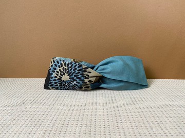 雙拼髮帶 / 黑煙花 - 湖水藍