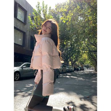 alex stevens 奶fufu~粉色立領短款羽絨服女冬季90白鴨絨加厚外套