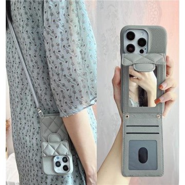 冷淡風灰色菱格插卡錢包式皮質適用iphone16promax內置化妝鏡子14掛繩斜跨蘋果15手機殼12新款13保護套高級感