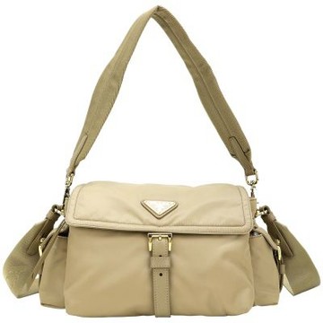 PRADA 普拉達 Explore Re-Nylon 中款 金三角牌雙袋尼龍皮釦翻蓋手提 肩斜背包(駝色)