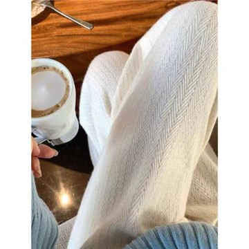 2025新款秋冬加厚純羊毛闊腿褲女高腰垂感人字紋針織直筒羊絨長褲