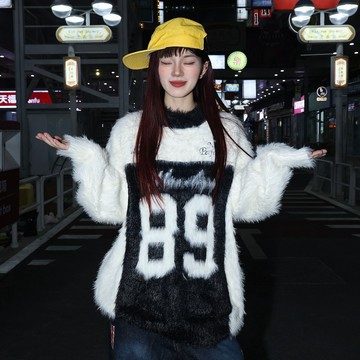 長毛水貂毛提花針織衫男 美式數字提花拼色圓領針織衫男女 毛衣 秋冬潮牌寬松慵懶水貂毛針織衫 秋冬外套 情侶針織衫保暖上衣