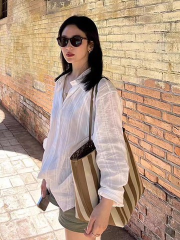 💕甜心大尺碼💕大尺碼襯衫 寬鬆薄款長袖襯衣防曬衫豎條紋白色襯衫女