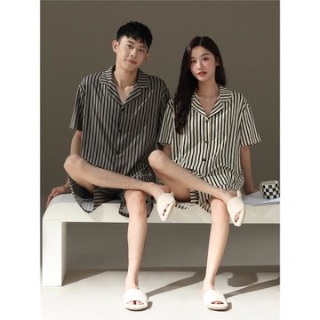 情侶睡衣夏天純棉短袖一男一女寬松休閑無印風簡約條紋開衫家居服
