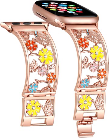 [4美國直購] Duoan 玫瑰金 蝴蝶花卉錶帶 適 Apple Watch 38/40/41/42mm 系列 10 9 8~1 SE 手腕圍15-20cm