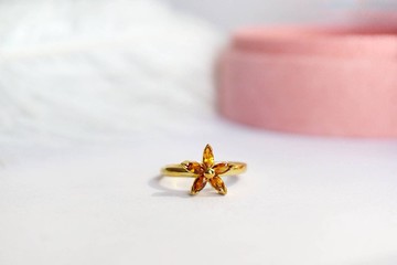 真正的黃水晶戒指，黃，花卉圖案，925銀主體，免費拋光布，銀