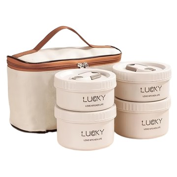 A&R 日式304不鏽鋼便當盒 四入組 附保溫袋 餐具-保溫款  米色  1組