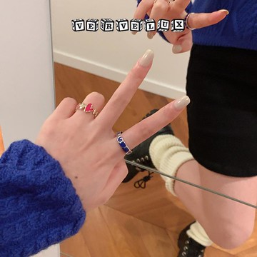 两件9.9折🔥臺灣出貨🔥可開發票✅克萊因藍甜酷愛心戒指女小衆設計感ins時尚個性可調節開口食指戒