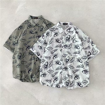 夏威夷短袖情衫男生港休半袖夏季海ins潮流印花五分袖