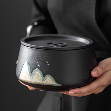 日式茶洗帶蓋建水茶具配件家用禪意復古黑陶瓷茶盆茶盂水盂茶渣缸