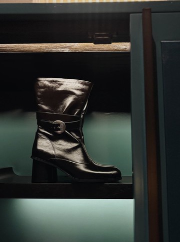 寬筒束口 粗跟高跟短靴 手工製