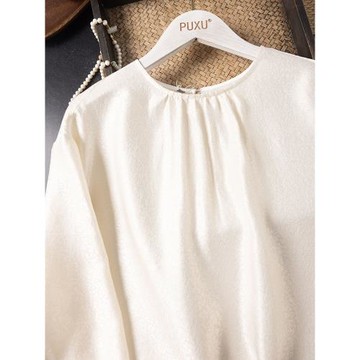 米色細紋 2025春季新款時尚桑蠶絲真絲舒適燈籠袖閉眼入~T恤