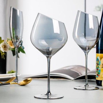 水晶玻璃斜口杯灰色紅酒杯2支葡萄酒杯彩色香檳杯高腳杯展廳裝飾