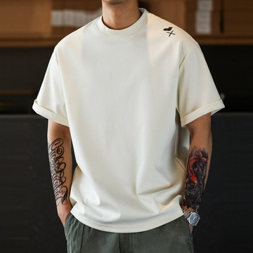 美式休閒愛心刺繡短袖T恤男寬鬆落肩袖簡約圓領打底TEE
