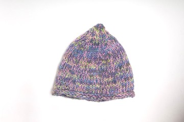童/成人粉紫色雜線精靈帽羊毛帽/純羊毛線手工編織半襯防風保暖黃