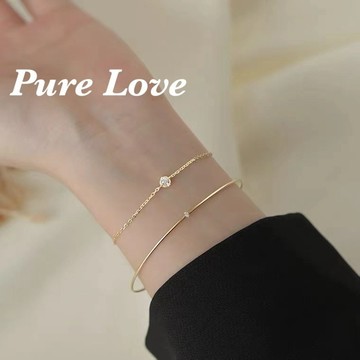 Pure Love樂芙 / 正韓 銀飾【S925純銀】B0851簡約通體純銀手鍊單鑽小鋯石疊戴手鏈 / 金