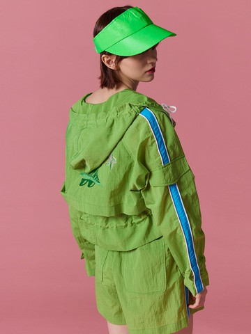 Embroidered High-Neck Hooded Windbreaker Jacket [GREEN]