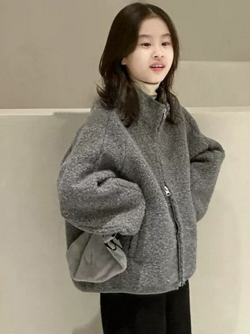 女童羊羔毛外套秋冬裝2024新款韓版中大童高領冬季保暖加厚夾克衫