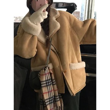 JC古著商店"愛在黃昏"復古羊羔毛皮毛一體外套女秋冬加厚毛呢大衣