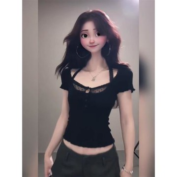 大碼韓系純欲風蕾絲拼接假兩件短袖T恤女修身顯瘦黑色掛脖上衣夏