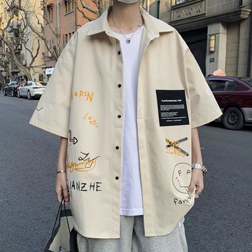 墜感短袖襯衫男夏季薄款痞帥ins潮牌寸衫大碼寬松潮流襯衣服外套