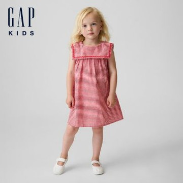【GAP】嬰兒及幼兒亞麻棉格紋水手洋裝-現代紅(897718)