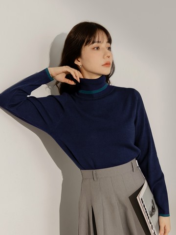 針織高領配色造型長袖上衣